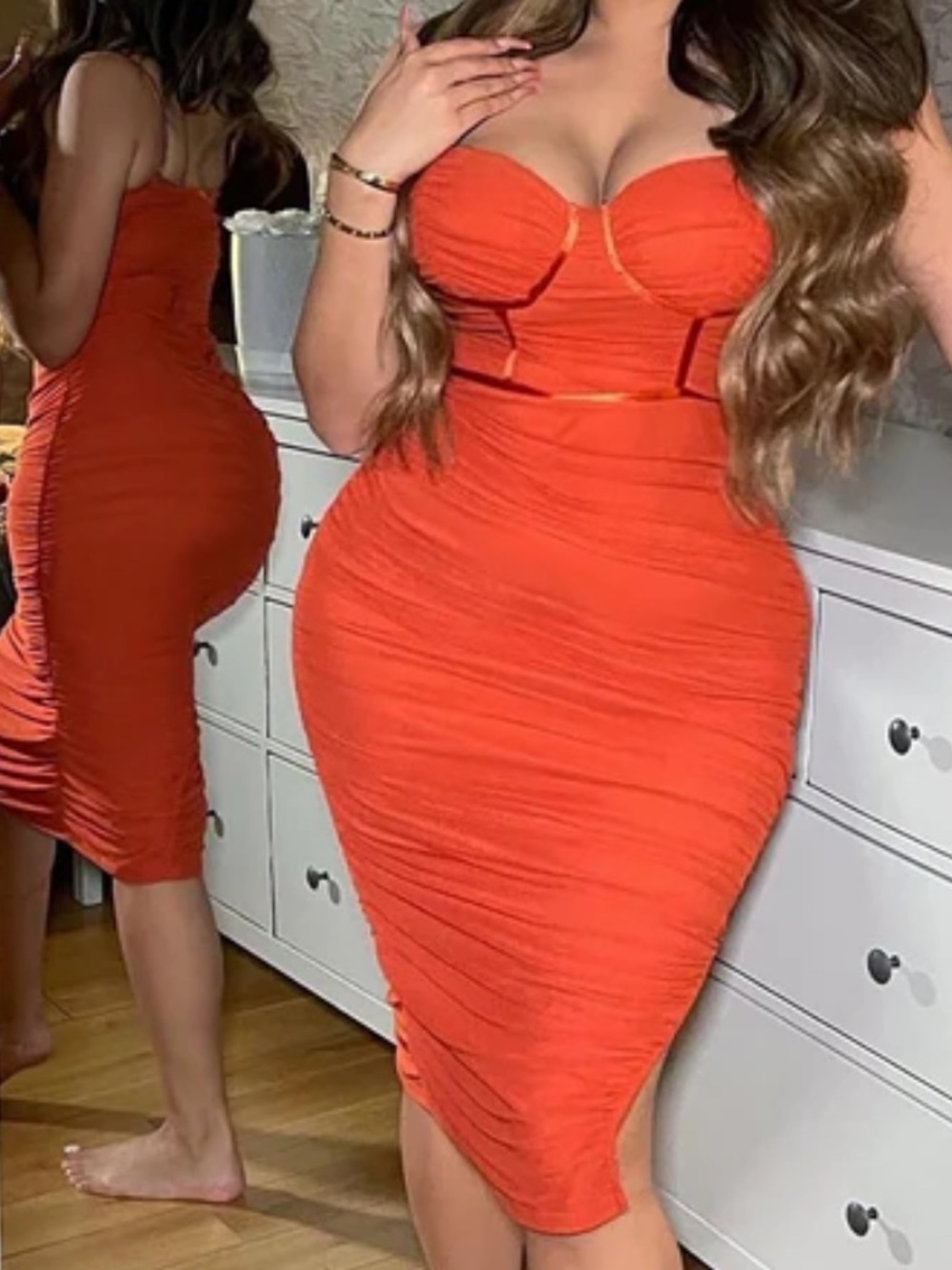 Fashion Nova Rust Night Sensation Ruched Midi Dress 2x